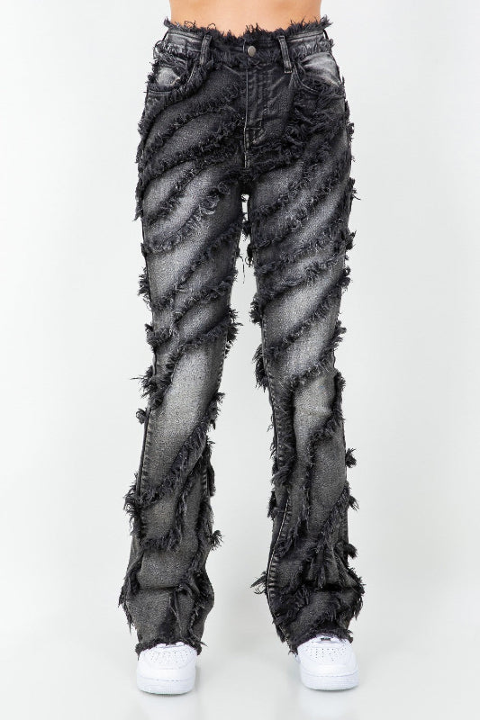 Frayed Edge Trims Stacked Jeans
