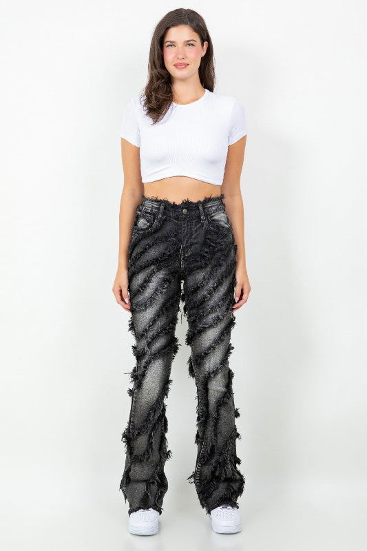 Frayed Edge Trims Stacked Jeans