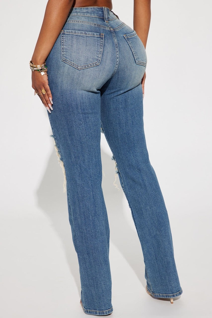 Mid Rise Jeans with Hand Sanding & Knee & Thigh Hole