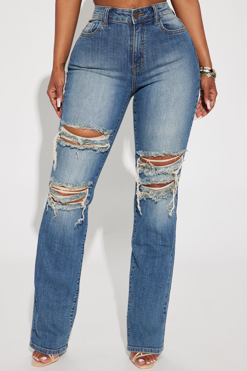 Mid Rise Jeans with Hand Sanding & Knee & Thigh Hole