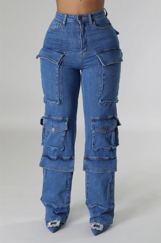 High Rise Cargo Jeans with Multiple Cargo Pockets-OLD APHRODITE