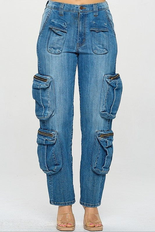 Mid Rise Cargo Jeans with Zipper Top 3D Pockets