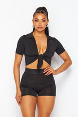 Tie Front Crop Top and Side Pocket Short Set