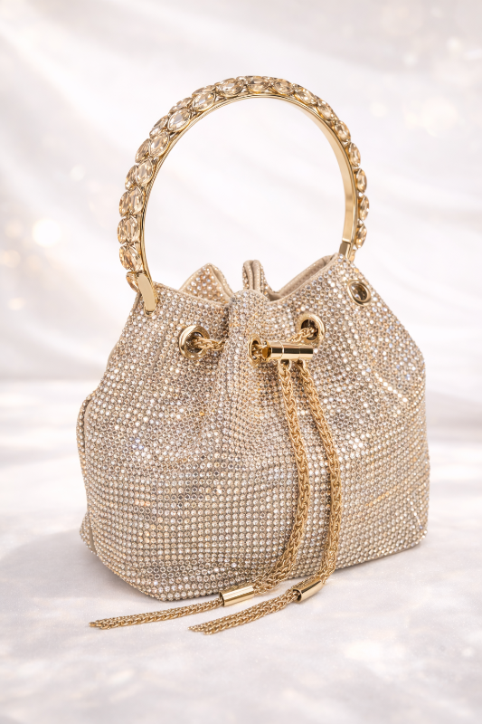 Crystal Halo Gold Rhinestone Mini Bucket Bag