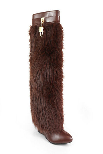 Fur Fold Over With Buckle Wedge Boots