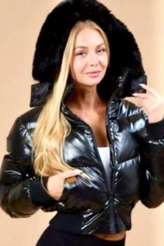 Shinny Puffer Jacket with Fur Trimmed Hood