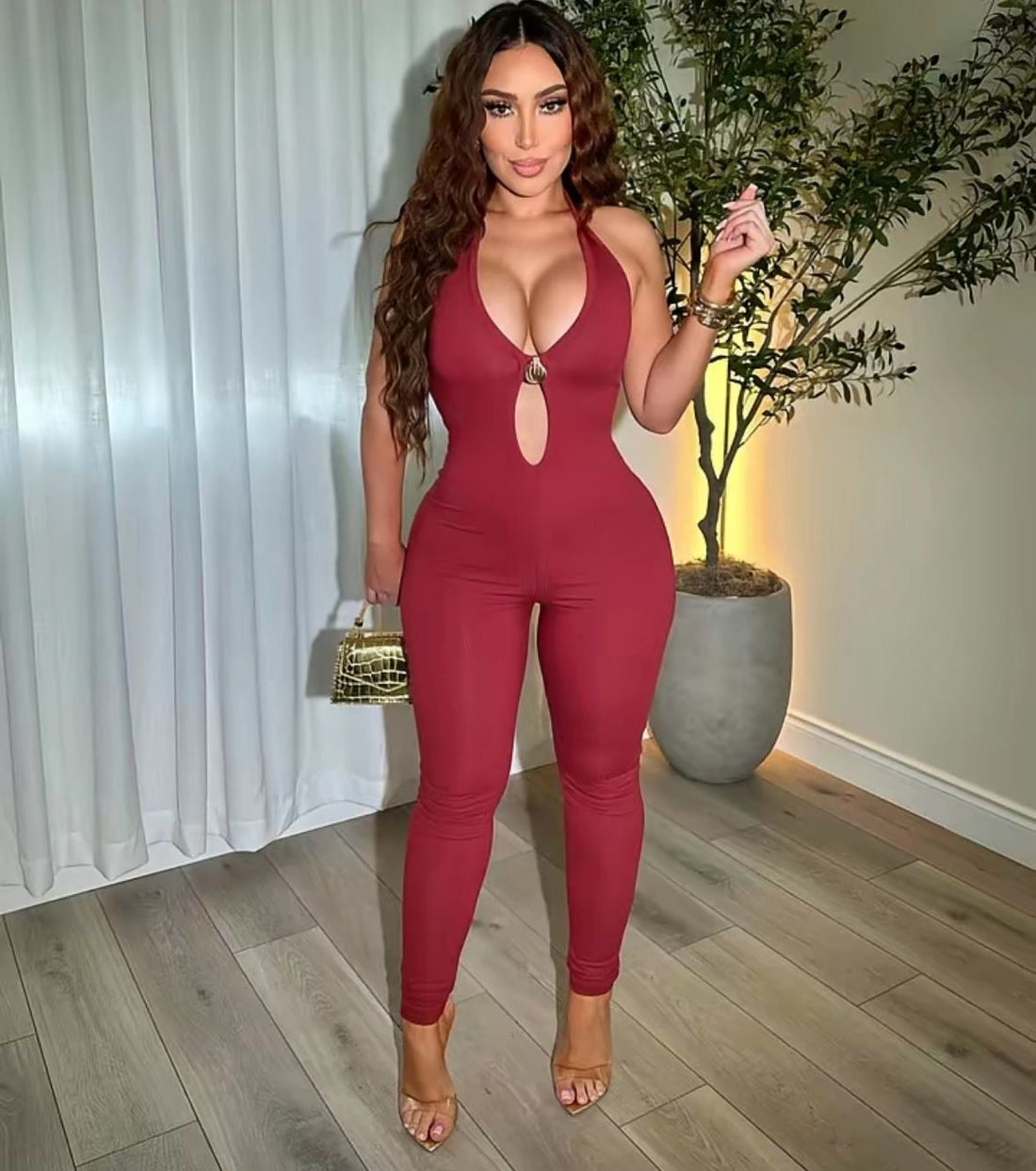 Ribbed Halter Jumpsuit with Metal Trim