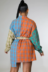 Button Up Color Block Checkered Dress