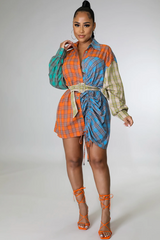 Button Up Color Block Checkered Dress