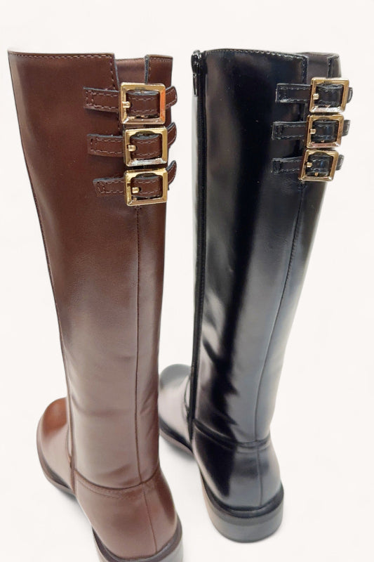 Black Buckle Detail Knee High Riding Boots