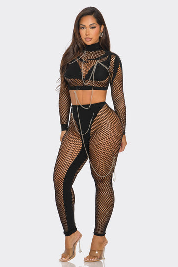 L/S Fishnet Crop Top and Pant Set with Chains MY BOO