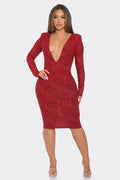 Long Sleeve Low Cut Midi Dress LETS GO APPAREL