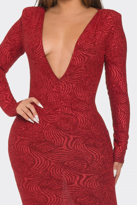 Long Sleeve Low Cut Midi Dress LETS GO APPAREL