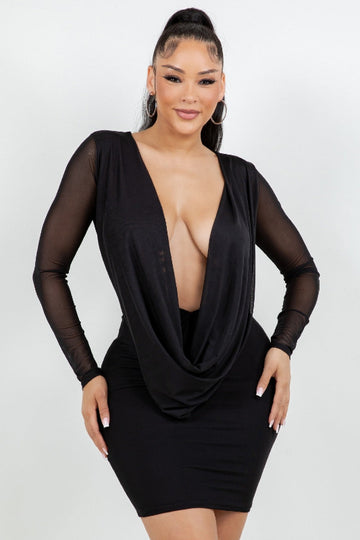 Mesh Cowl Dress With Lined Skirt