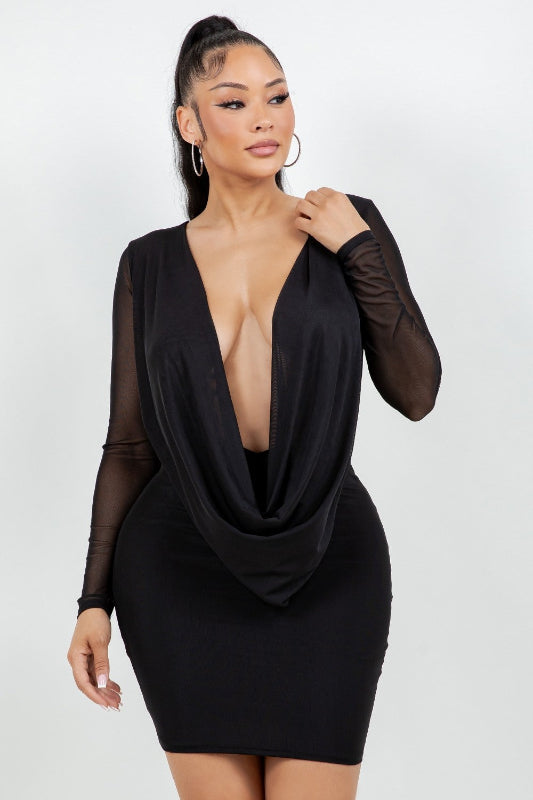 Mesh Cowl Dress With Lined Skirt