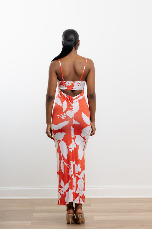 Venechia Print Strap Shoulder Cut Out Back Ruched Dress