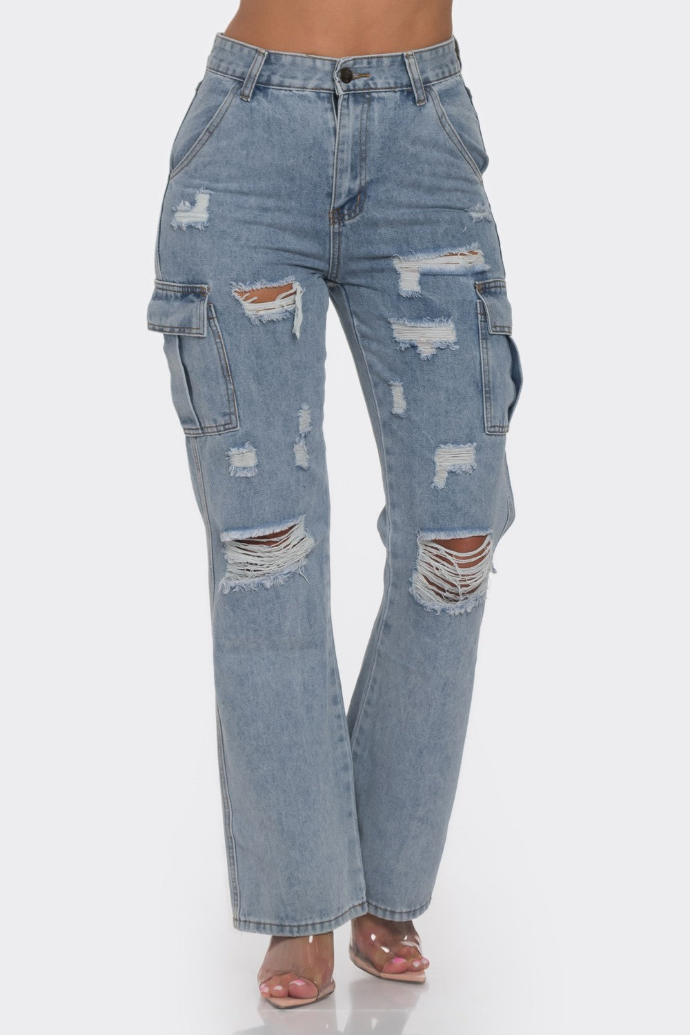 Ripped Denim Baggy Cargo Jeans