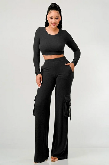 Long Sleeve Crop & Wide Leg Pants with Side Pockets