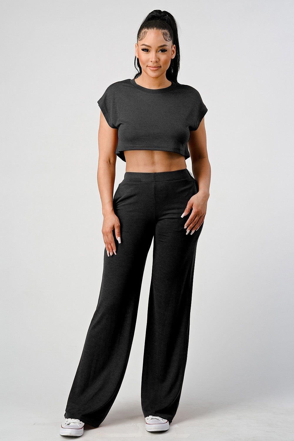 Short Sleeve Crop Top and Wide Leg Pant Set