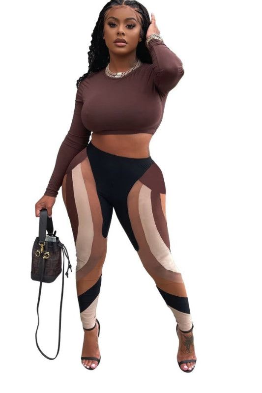 Brown Abstract Color Block Crop Top Legging Set