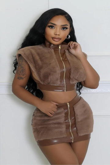 Zip Up Fur Vest And Skirt Set
