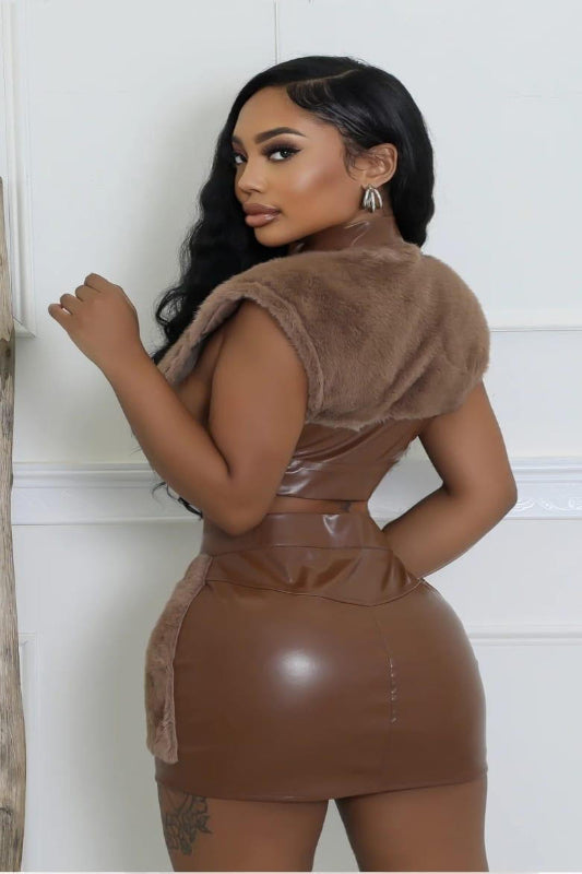 Zip Up Fur Vest And Skirt Set