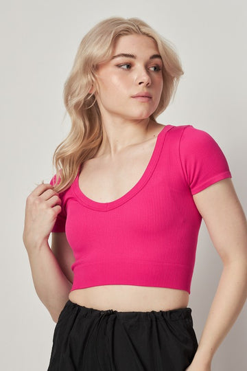 Stretchy Ribbed Seamless V Neck Crop Top