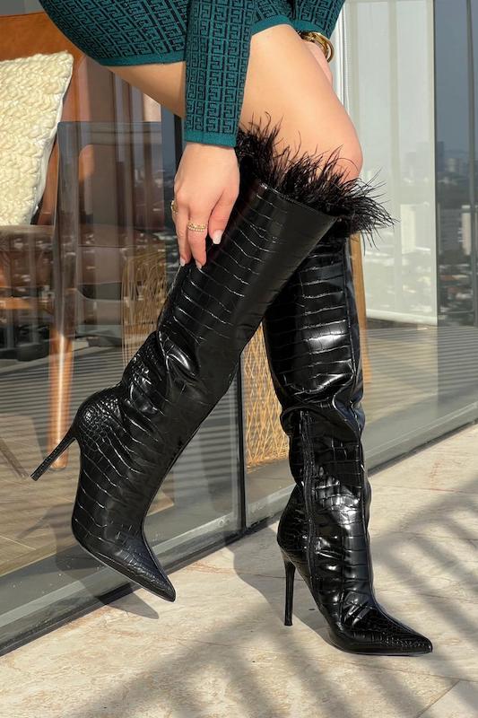 Embossed Croc Feather Tall Boot