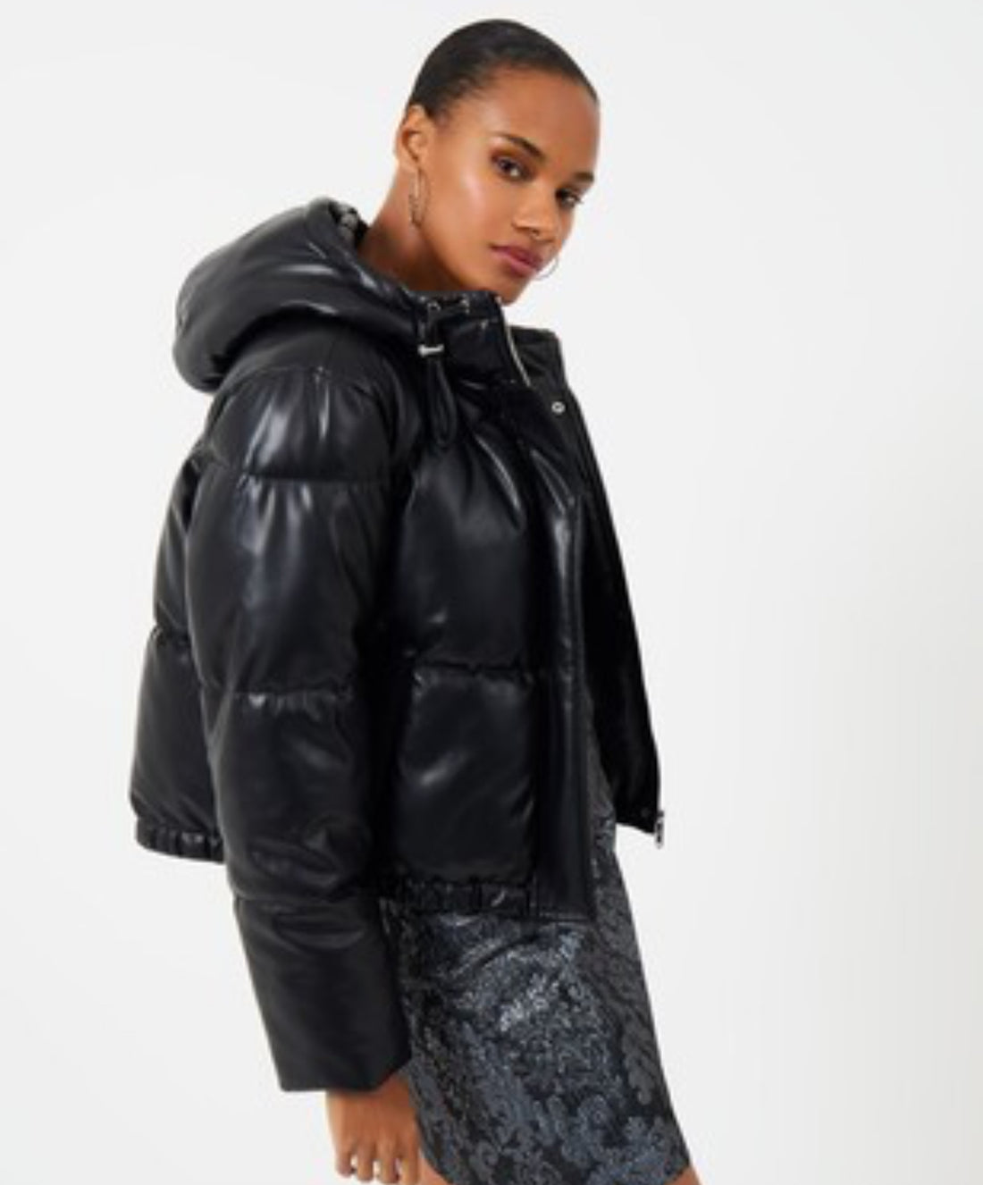 Faux Leather Crop Puffer Jacket w/ Hood