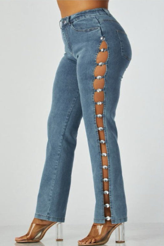 Side Jewl Open Denim Pants