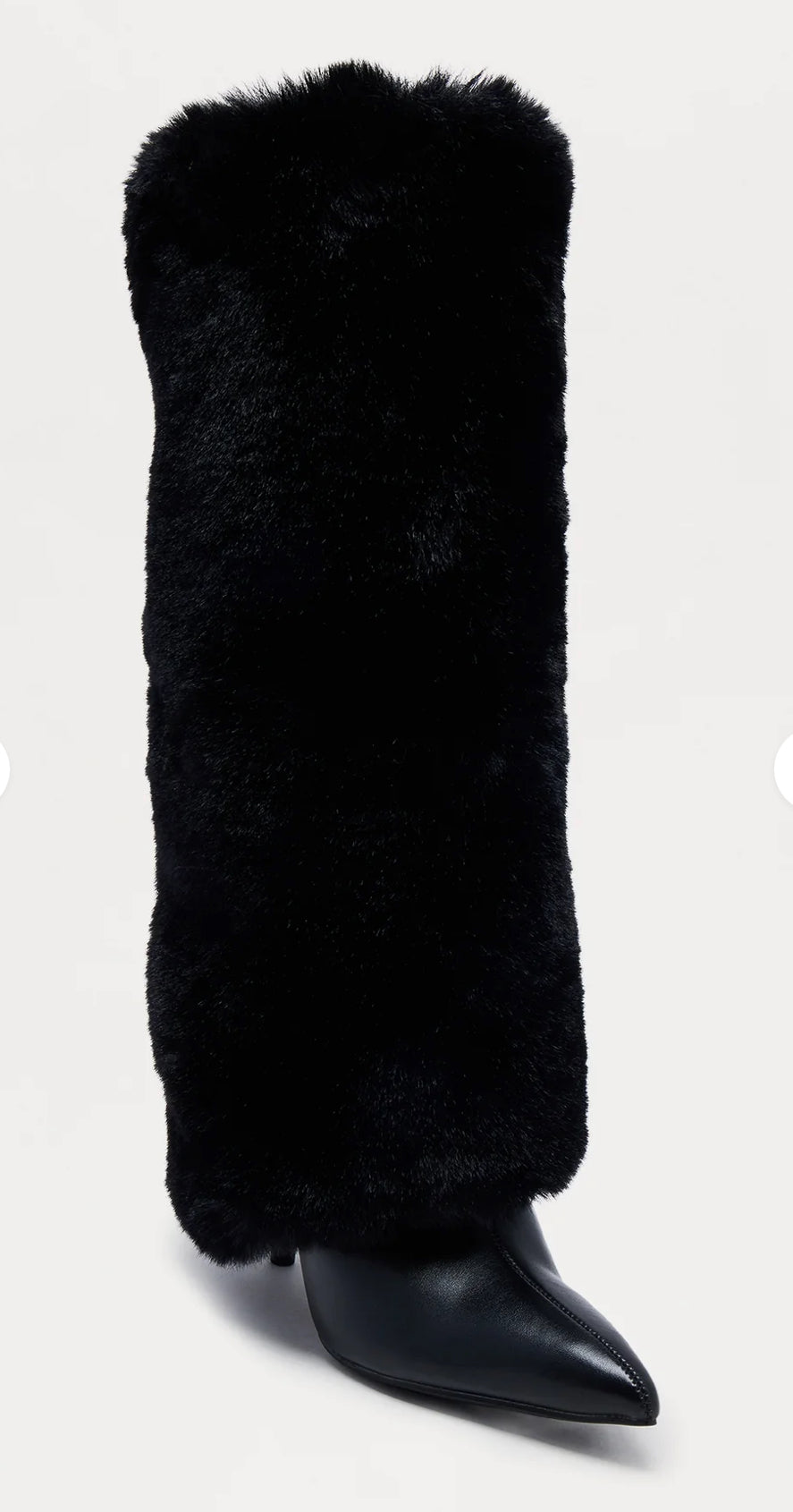 Black Faux Fur Pointed Toe Stiletto Knee Boots