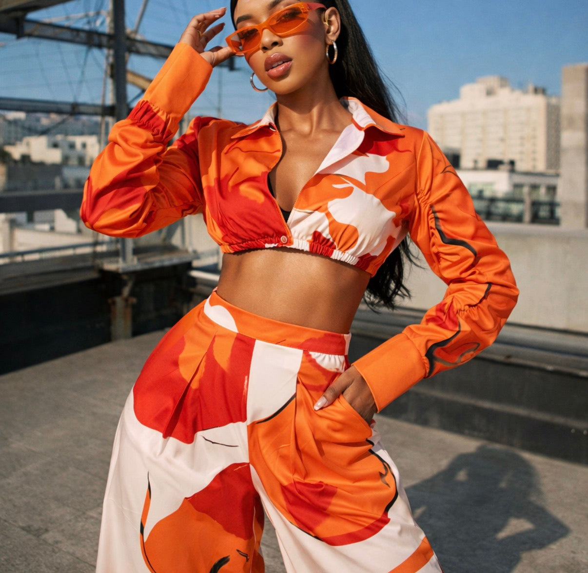 Coral Sunset Orange Print Crop Top Wide Leg Set