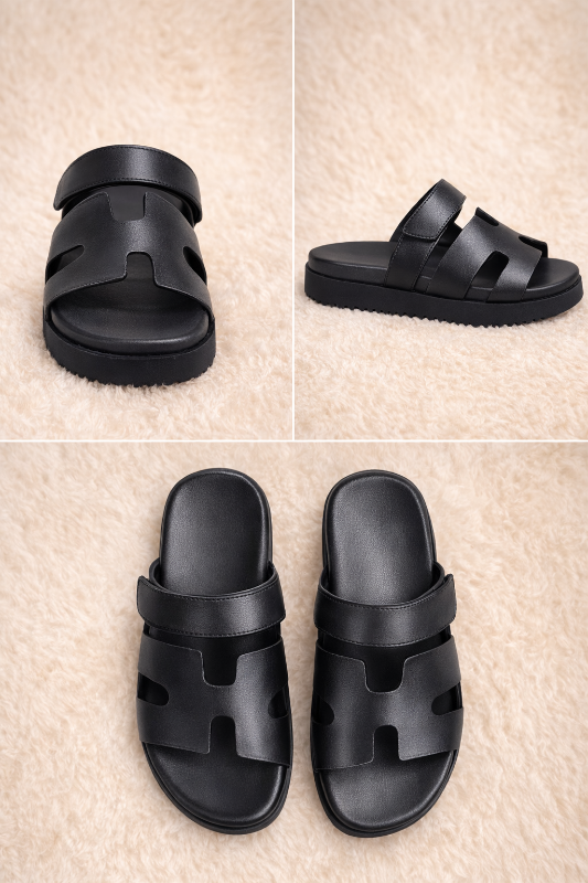 Black Cutout Strap Chunky Flat Slide Sandals