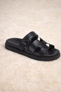 Black Cutout Strap Chunky Flat Slide Sandals