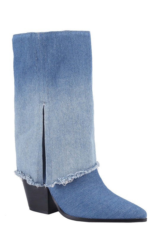 Pointy Toe Hold Over Denim Western Bootie