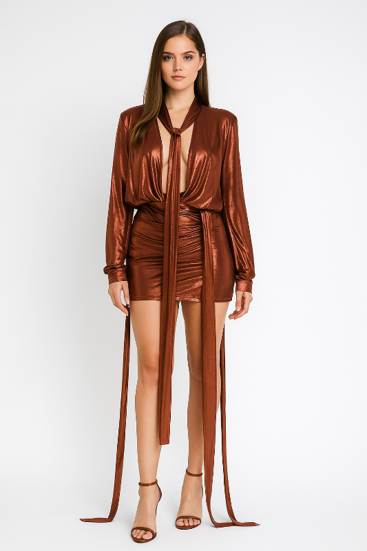 L/S Deep V Neck Metallic Mini Dress