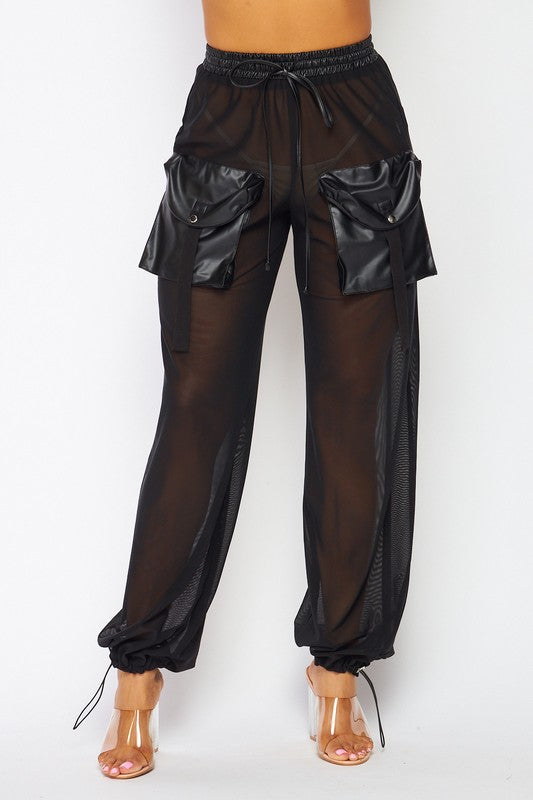 Mesh and Leather Cargo Pocket Pants