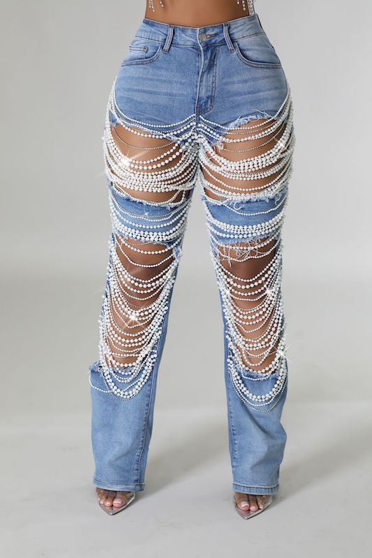 Pearl Detailed Denim Pants