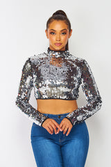 Mock Neck Sequins Crop Top