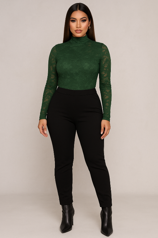 Brown Lace Mock Neck Long Sleeve Bodysuit