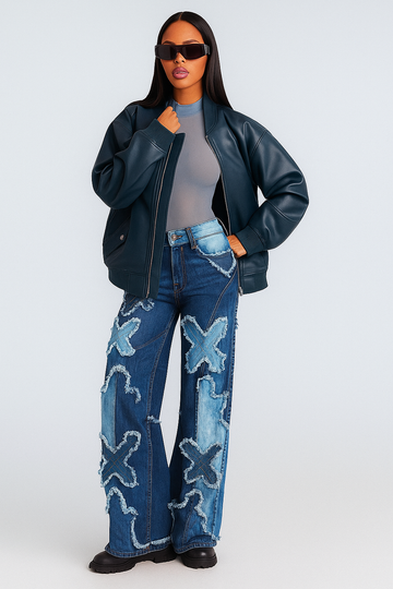 High Rise Wide Leg Cross Patch Washed Down Jeans