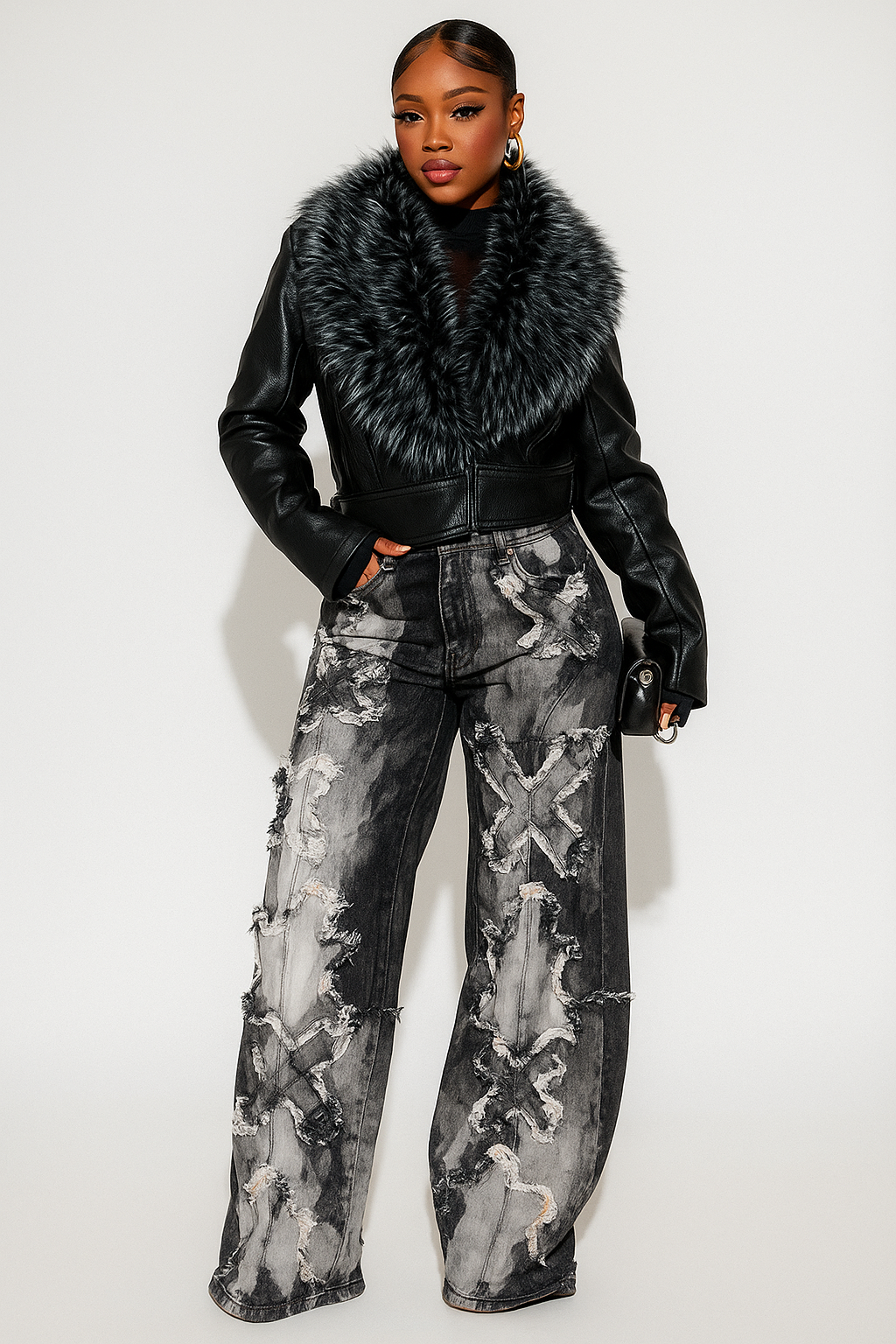 High Rise Wide Leg Cross Patch Washed Down Jeans