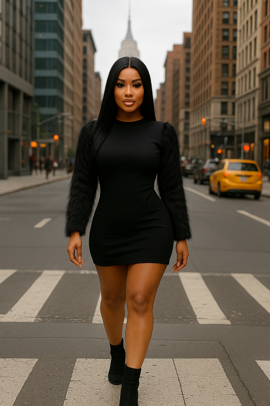 Faux Fur Long Sleeve Short Dress