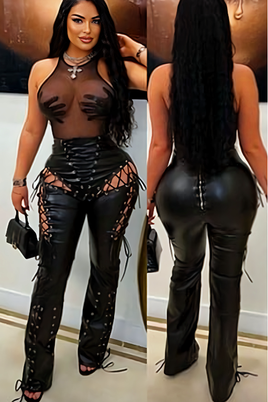 Lace Up PU Leather Pants with Chic High Waist