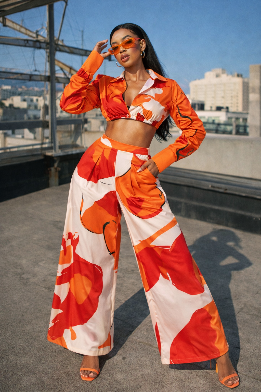 Coral Sunset Orange Print Crop Top Wide Leg Set