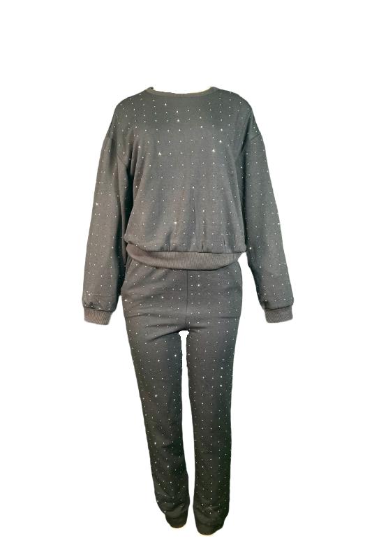 Rhinestone Round Neck Mid-Rise Jogger Set