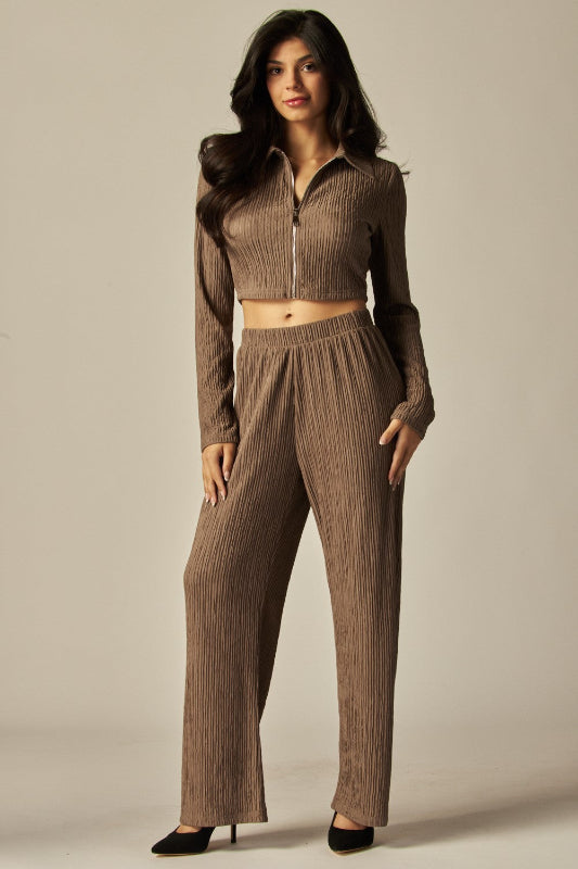 Crinkled Plisse Zip Up Long Sleeve Loungewear Set