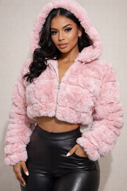 Cropped Puffer Faux Fur Jacket With Hoodie