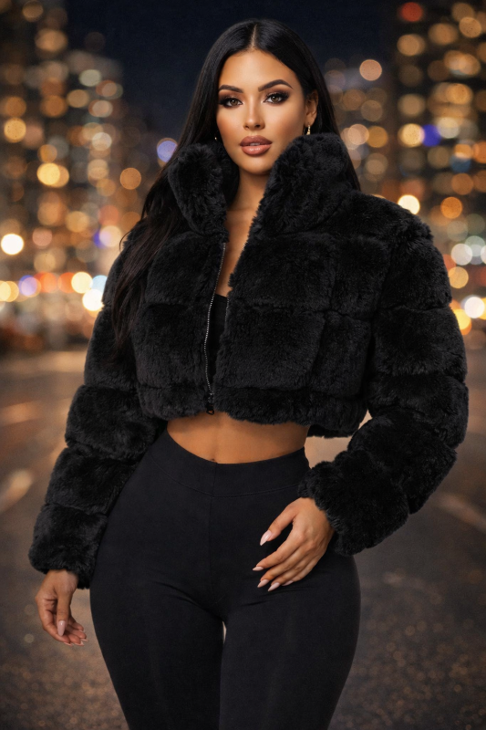 Take on the cold weather with fearless style in our Cropped Faux Fur Puffer Jacket!
