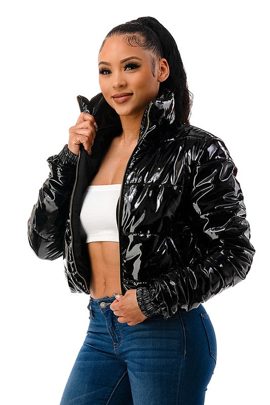 Latex Puffer Bomber Jacket With Front Zipper